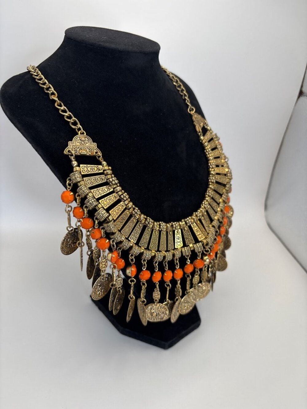 Egyptian Revival Style Gold Tone Coin Orange Beads Bib Collar Statement Necklace - Picture 3 of 5